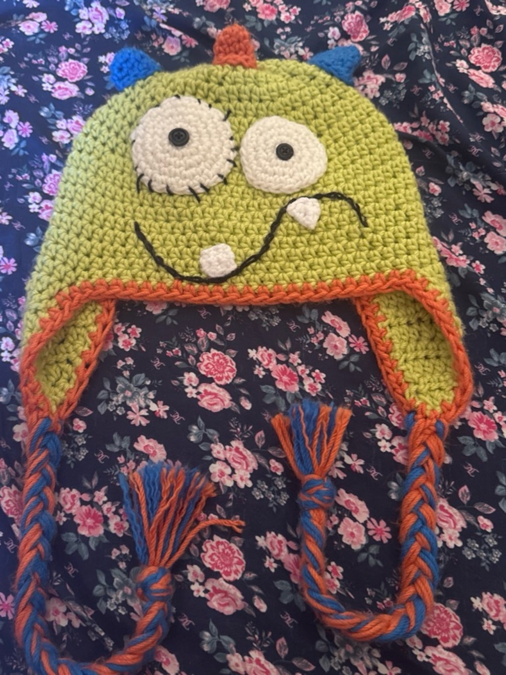 Handmade Kids Monster Earflap Hat - Green with Orange & Blue Accents